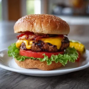 A plate of juicy homemade burgers with toppings and sauces