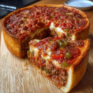 Homemade Chicago-Style Deep Dish Pizza topped with gooey cheese and fresh ingredients