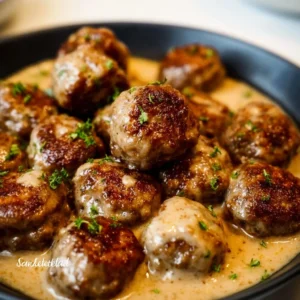 Delicious homemade IKEA meatballs served with creamy sauce and lingonberry jam.