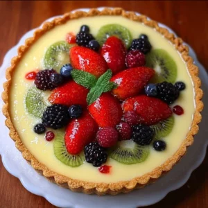 Homemade Vanilla Custard Fruit Tart Homemade vanilla custard tart topped with colorful fresh fruits.