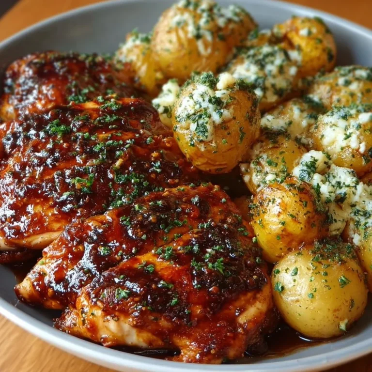 Honey BBQ Chicken served with Garlic Parmesan Potatoes on a plate