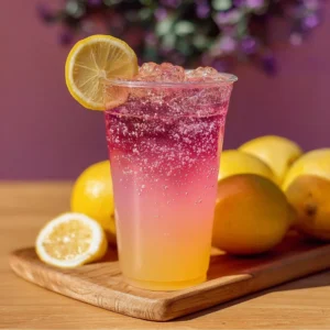 Honey Lemon Pink Soda in a glass with ice and lemon slices