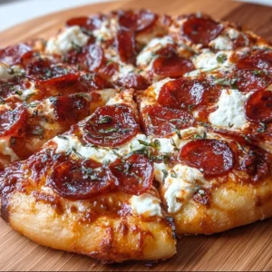 Hot Honey Beef Pepperoni Ricotta Pizza topped with fresh ingredients