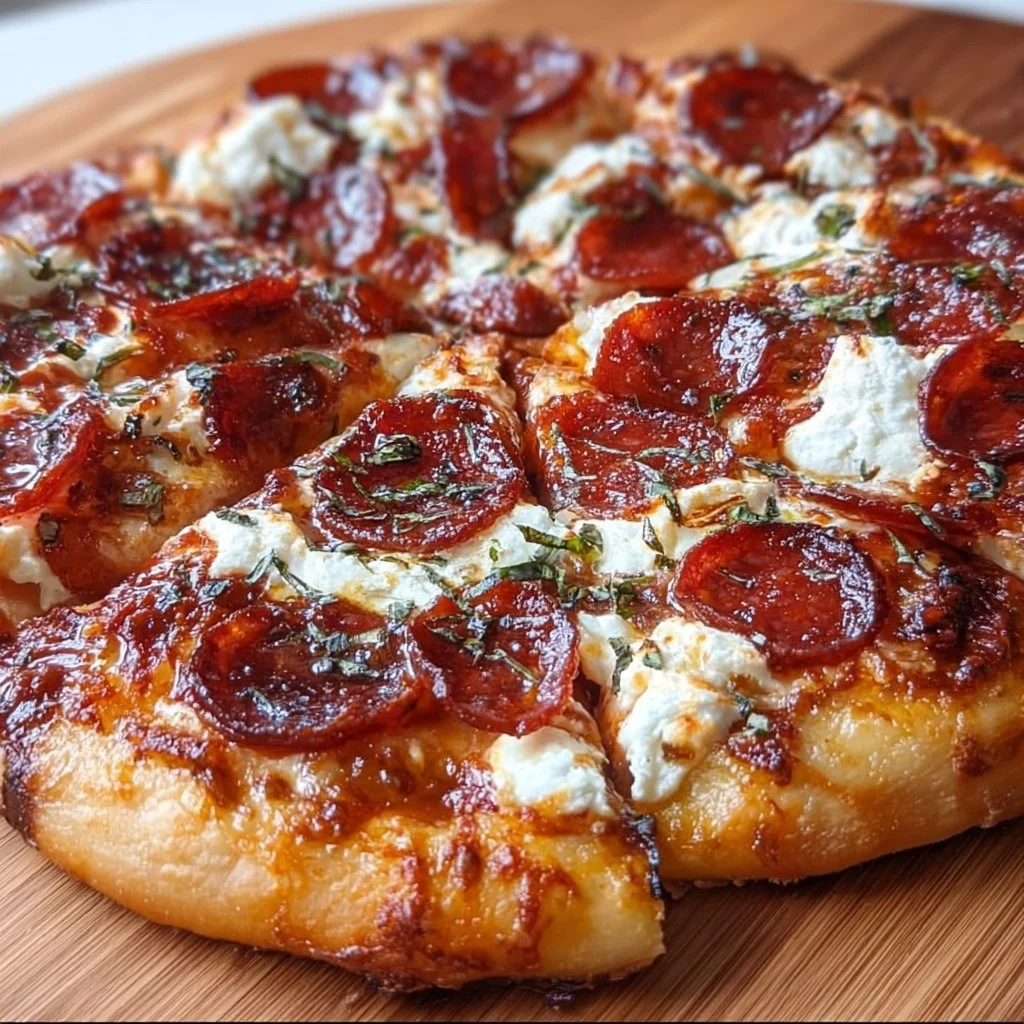Hot Honey Beef Pepperoni Ricotta Pizza topped with fresh ingredients