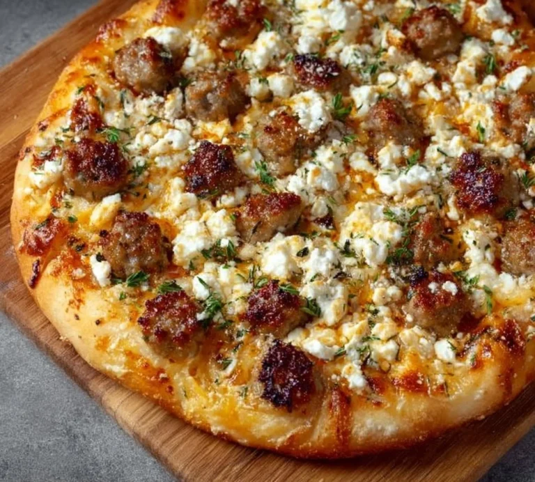 Hot Sausage Feta Honey Pizza topped with fresh herbs and drizzled with honey.