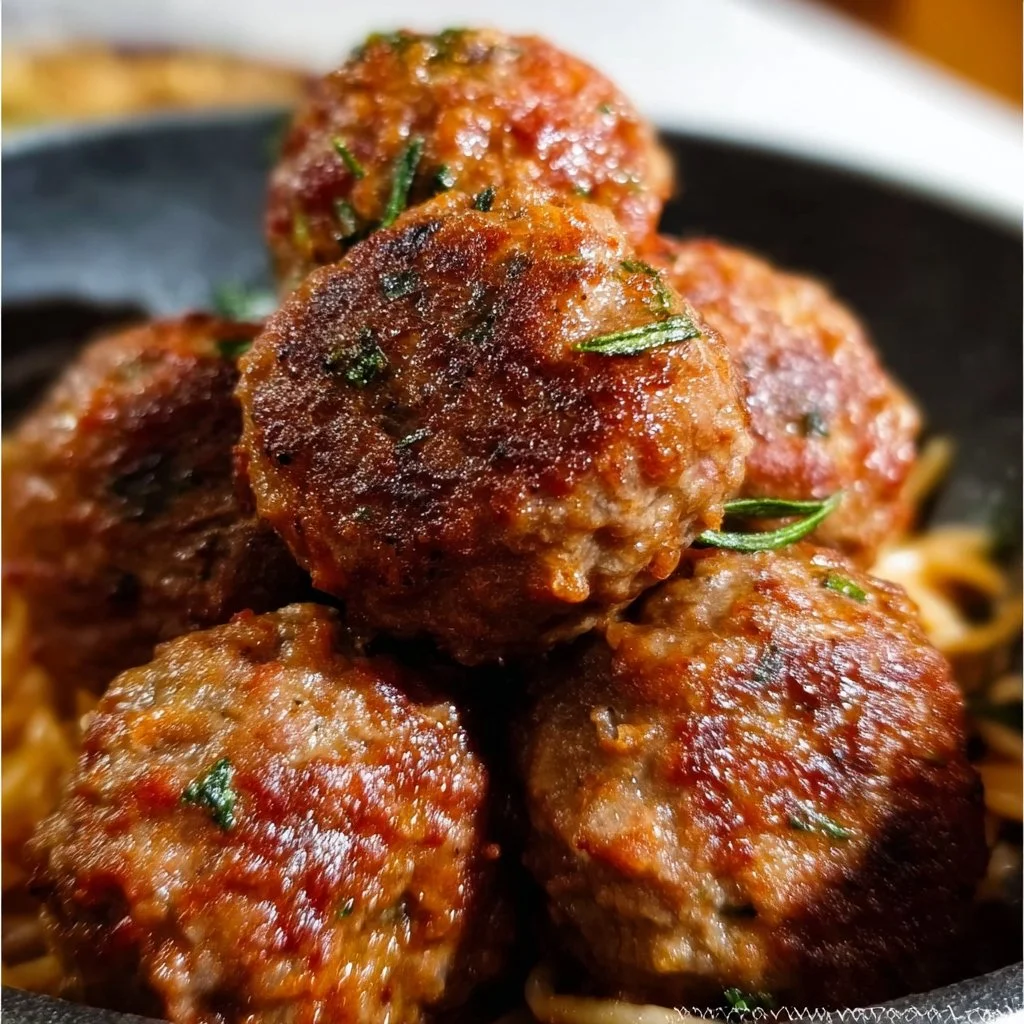 Delicious homemade meatballs on a wooden platter with herbs