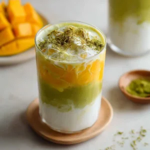 Iced Mango Matcha Latte in a glass with tropical fruits and matcha powder