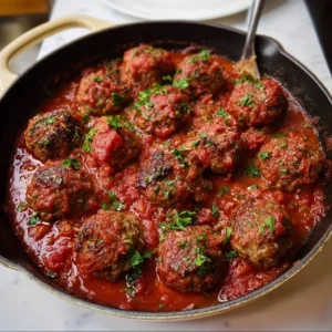Delicious Ina Garten's meatballs ready to serve with pasta sauce.