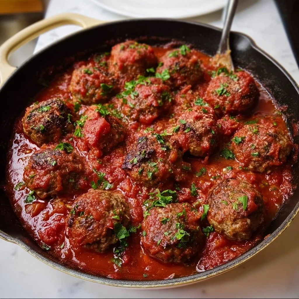 Delicious Ina Garten's meatballs ready to serve with pasta sauce.