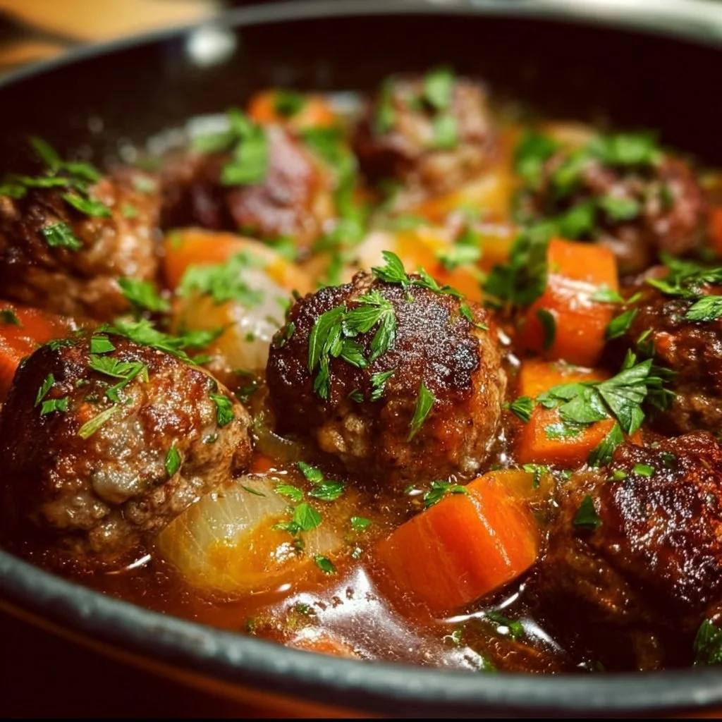 A bowl of Irish stew meatballs served with vegetables and herbs.
