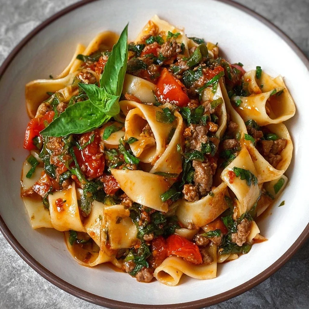 Plate of Italian Drunken Noodles with vibrant vegetables and spices