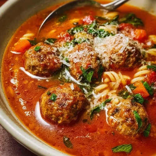 Delicious Italian meatball soup served in a bowl with herbs and vegetables