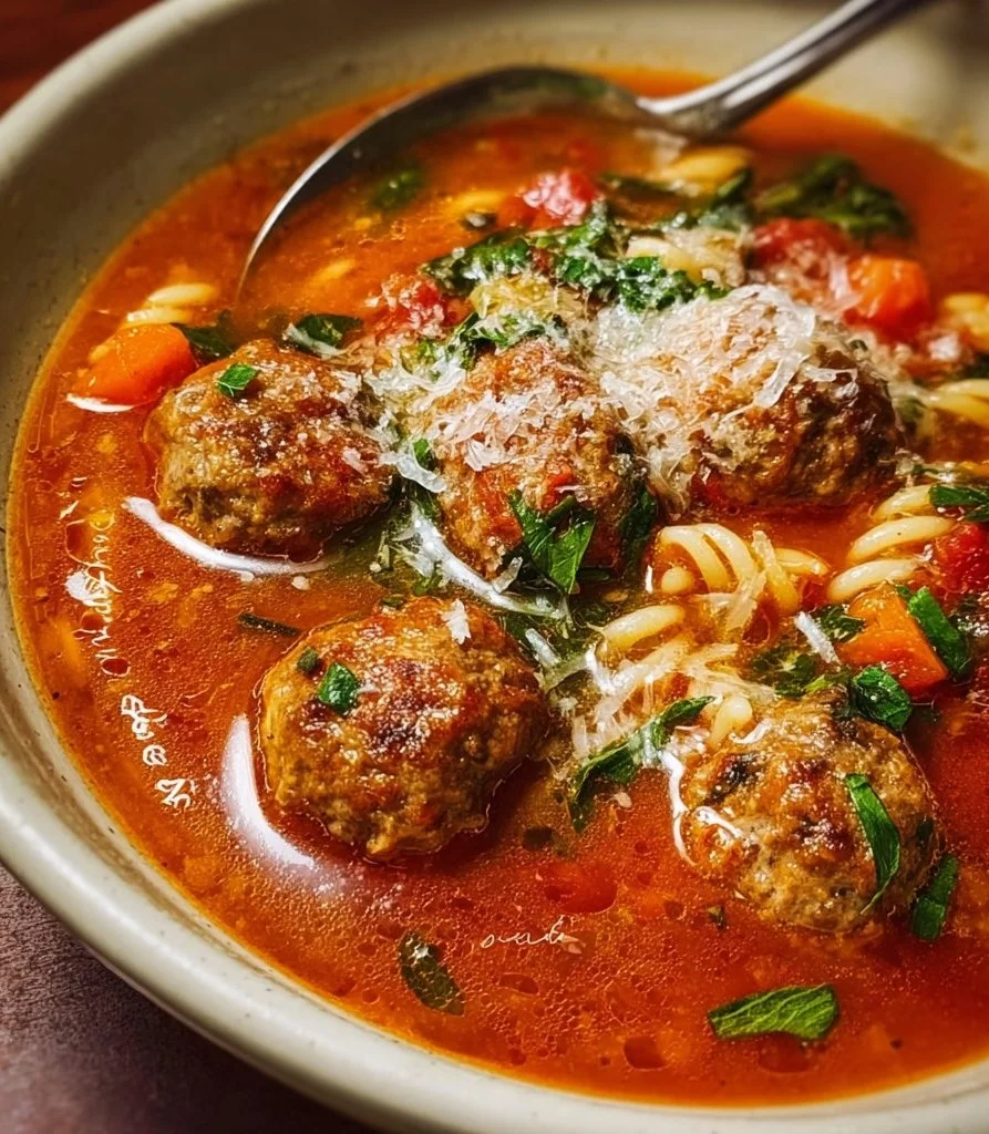 Delicious Italian meatball soup served in a bowl with herbs and vegetables