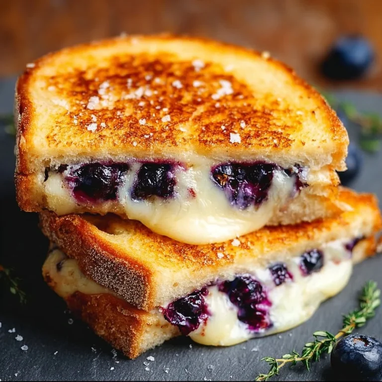 Juicy blueberry grilled cheese sandwich with melted cheese and blueberries