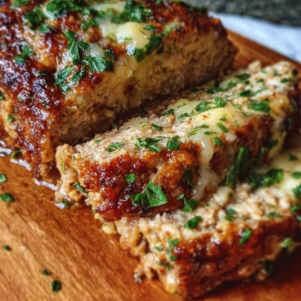 Juicy garlic parmesan chicken meatloaf served with herbs and sides