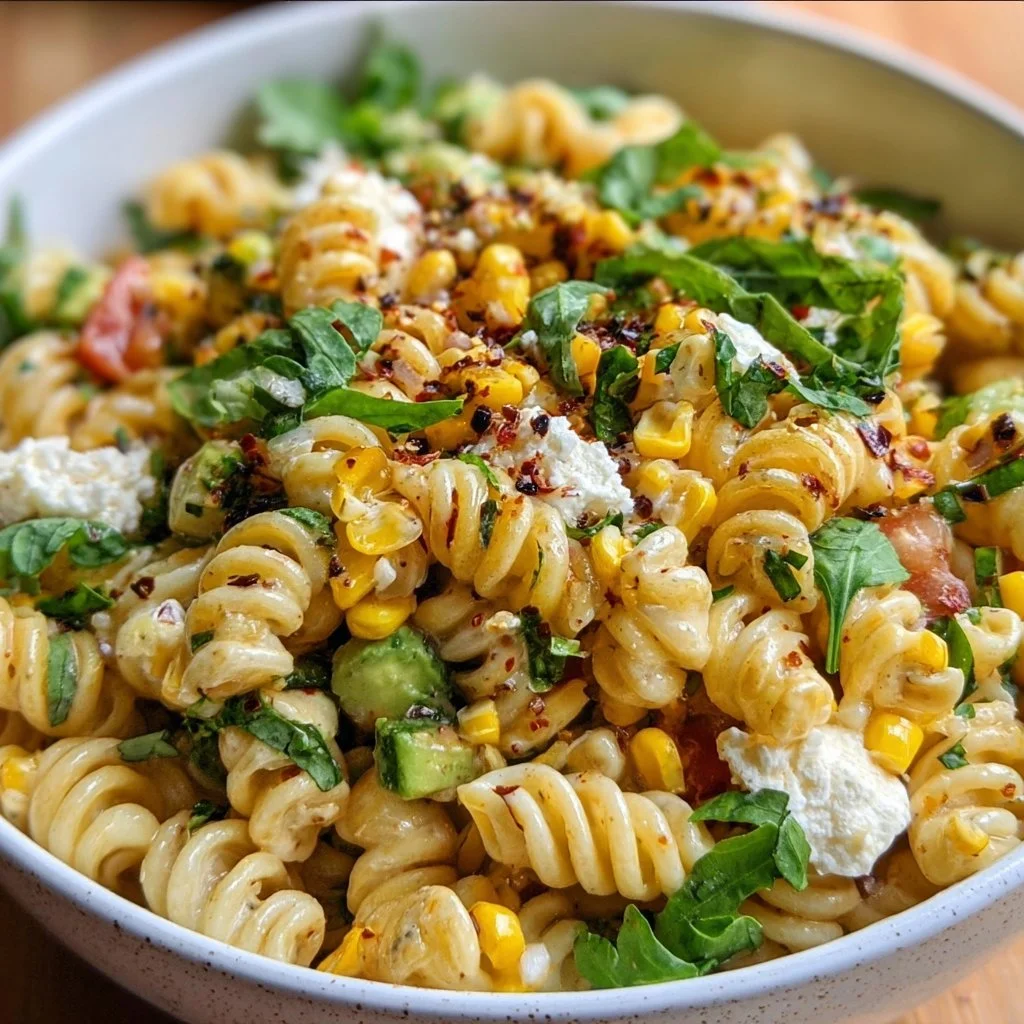 Juicy street corn pasta salad with fresh ingredients and vibrant flavors.