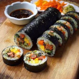Delicious Kimbap, traditional Korean seaweed rice rolls with fresh ingredients