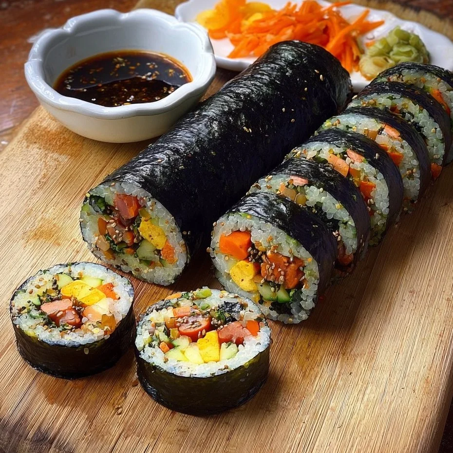 Delicious Kimbap, traditional Korean seaweed rice rolls with fresh ingredients