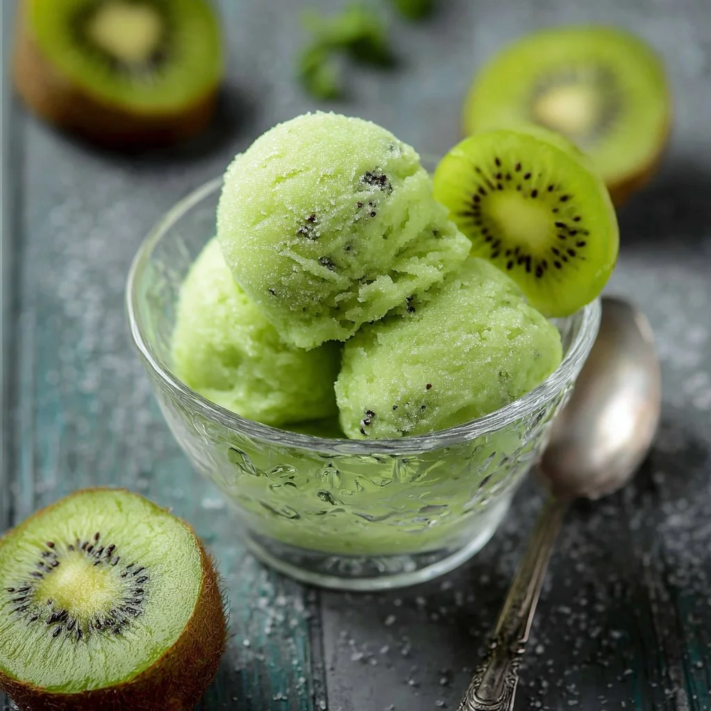 Delicious homemade Kiwi Sorbet in a bowl, garnished with fresh kiwi slices.
