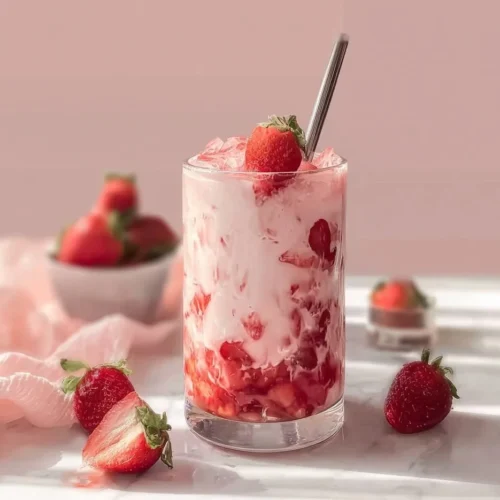 Korean Strawberry Milk Delicious Korean strawberry milk served in a glass with fresh strawberries