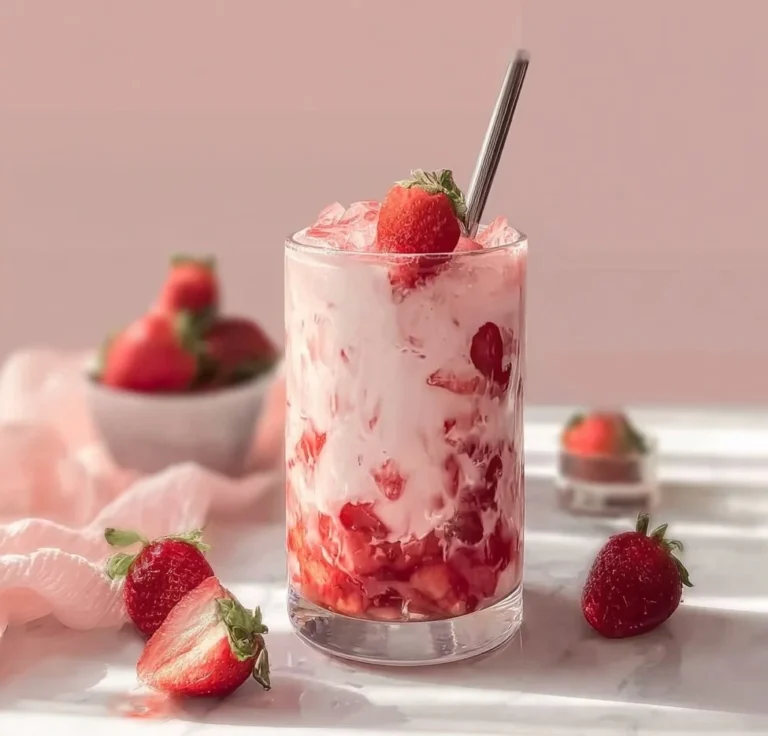 Delicious Korean strawberry milk served in a glass with fresh strawberries