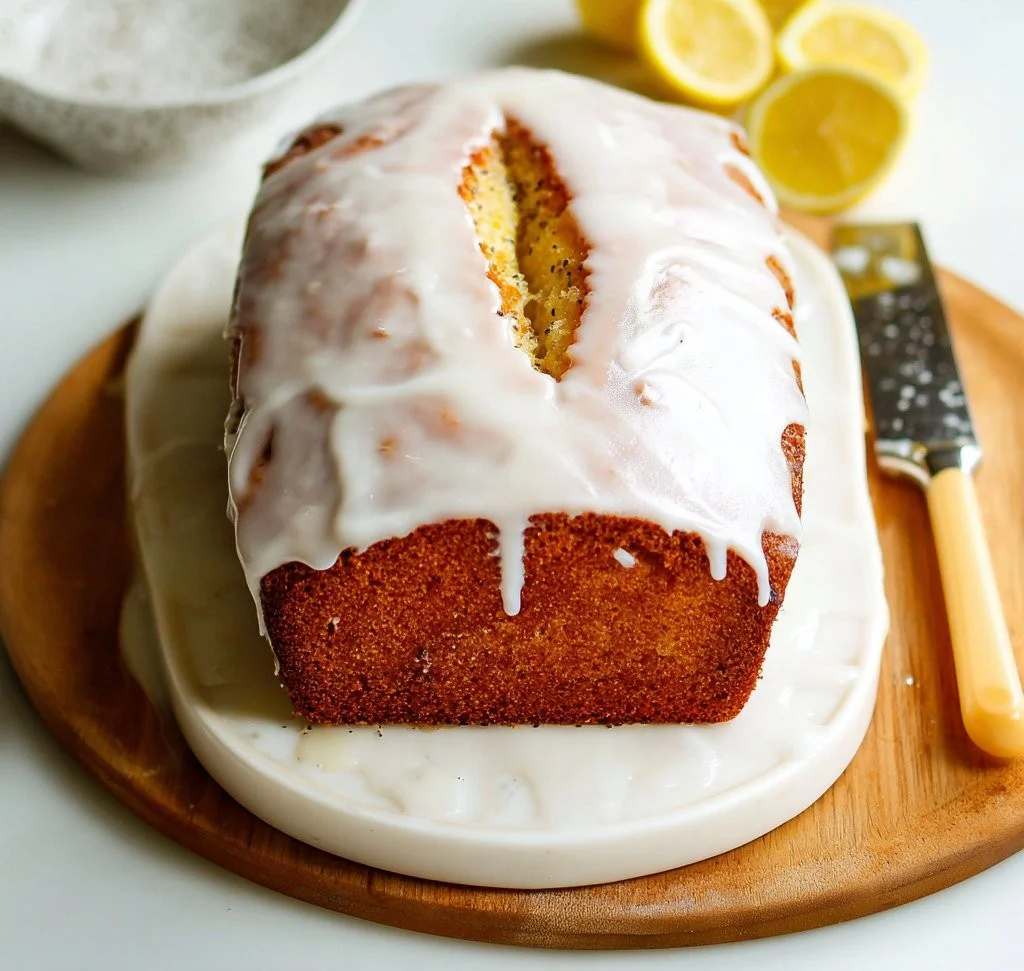 Lemon Almond Poppy Seed Cake with lemon glaze on a decorative plate