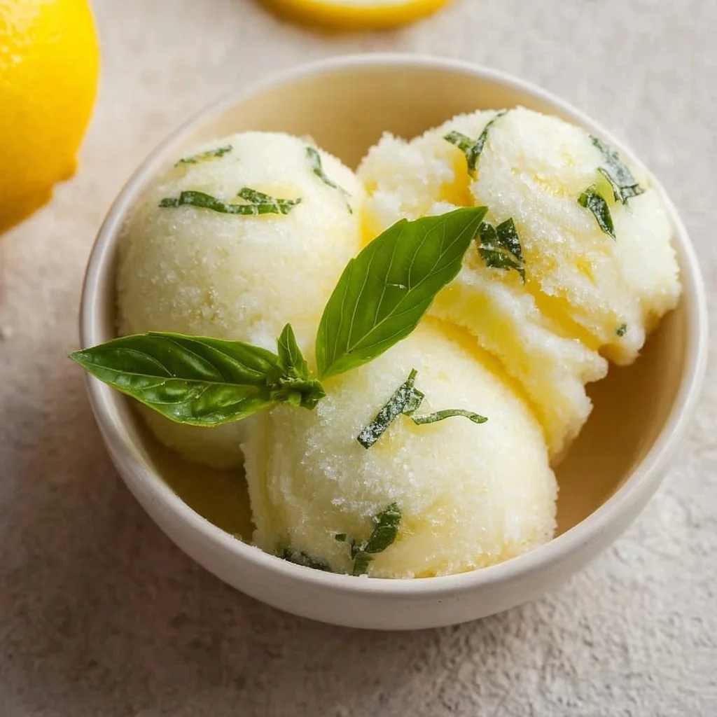A bowl of Lemon Basil Sorbet garnished with fresh basil leaves, perfect for summer.