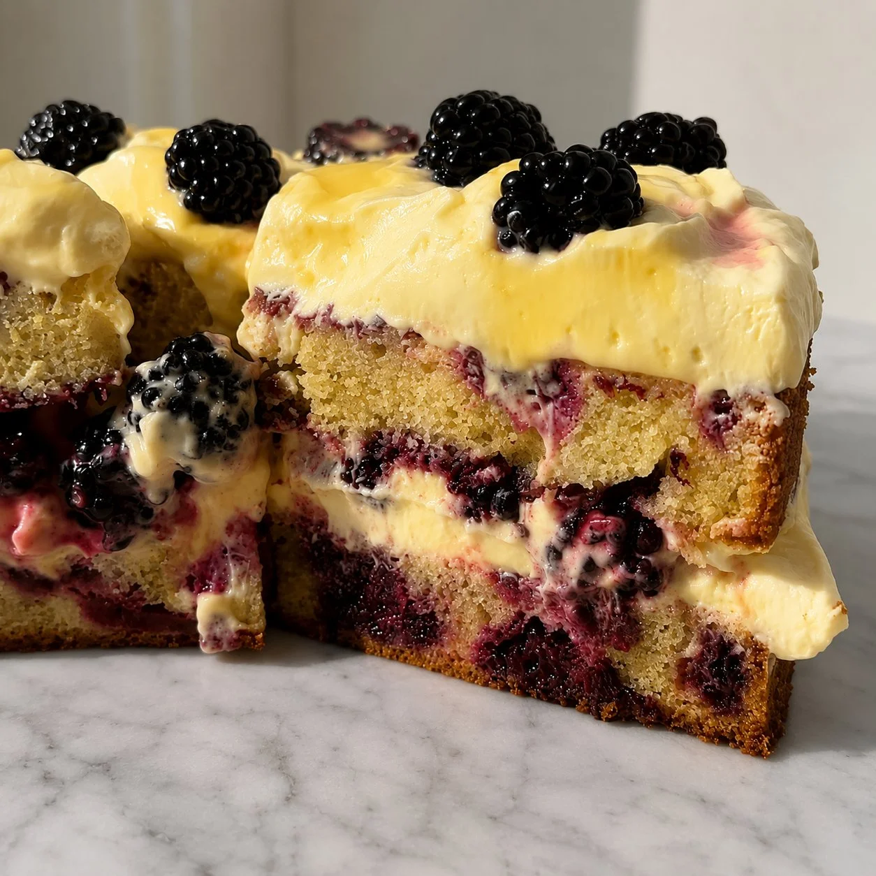 Slice of Lemon Blackberry Cake featuring vibrant blackberries and lemon zest.