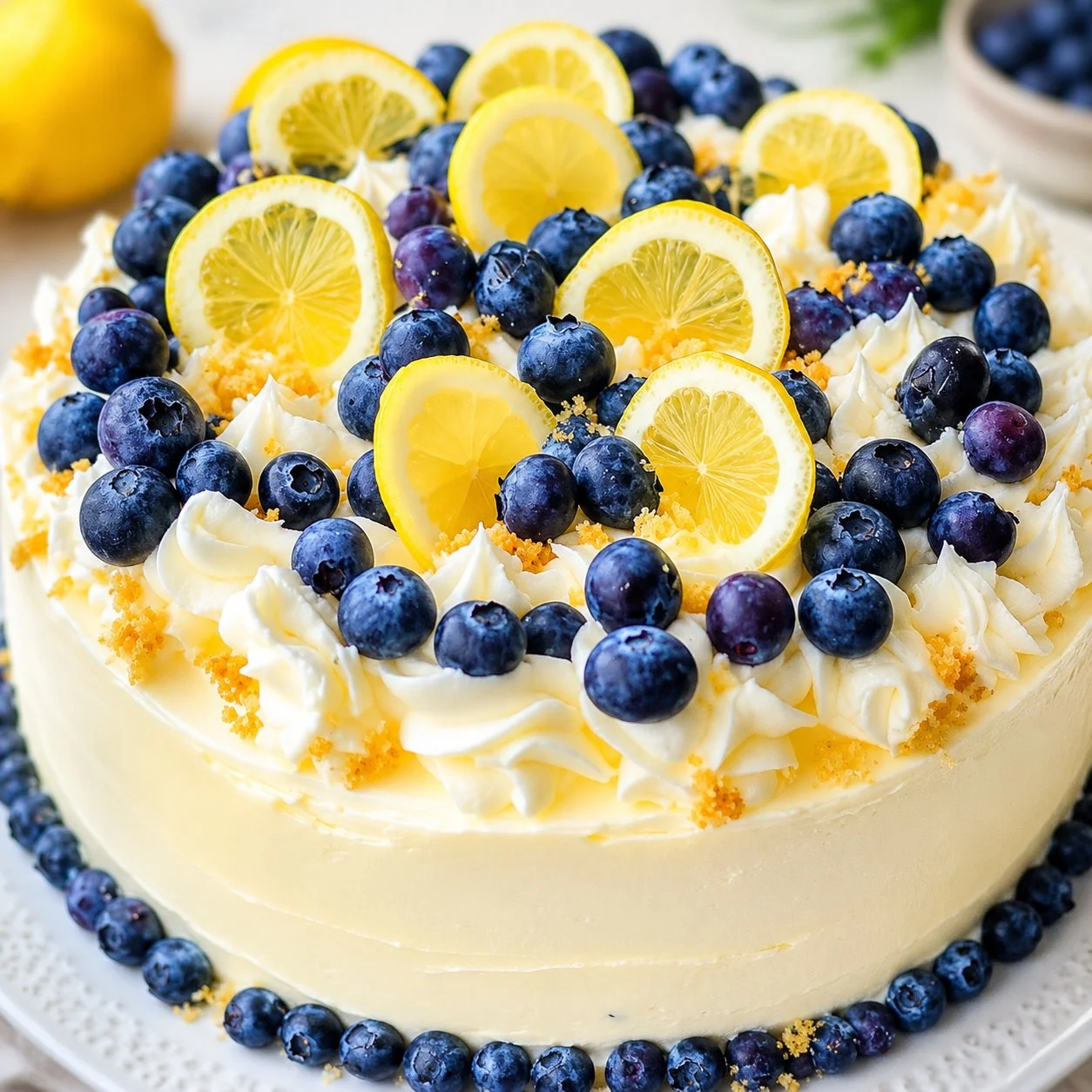 Delicious Lemon Blueberry Cake garnished with fresh blueberries and lemon slices.