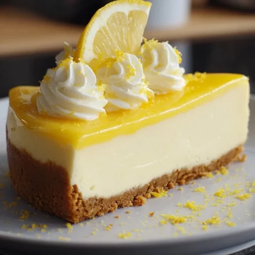 Delicious lemon cheesecake topped with fresh lemon slices and mint leaves.