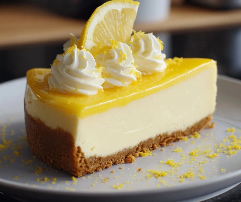 Delicious lemon cheesecake topped with fresh lemon slices and mint leaves.