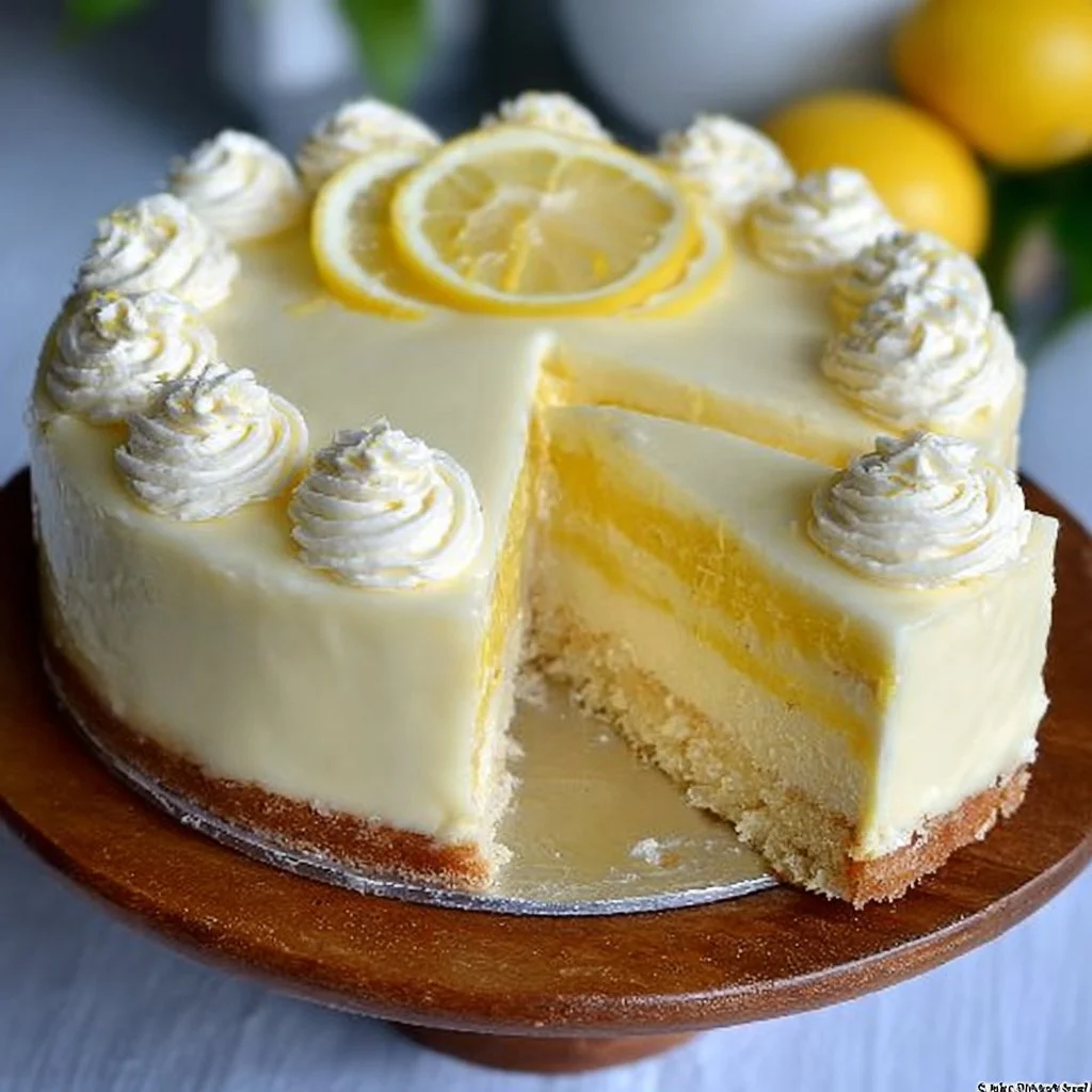 Slice of lemon cheesecake with fresh lemon slices and mint garnish