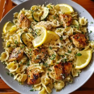 Bowl of lemon chicken pasta garnished with parsley and lemon slices