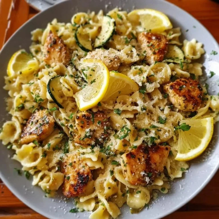 Bowl of lemon chicken pasta garnished with parsley and lemon slices