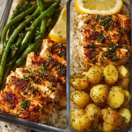 Lemon garlic chicken meal prep container with fresh ingredients