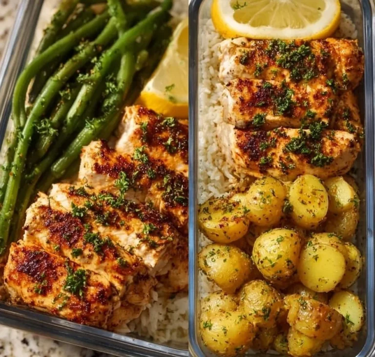 Lemon garlic chicken meal prep container with fresh ingredients