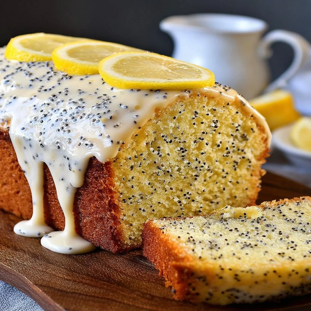 Lemon poppy seed cake with a slice cut out, showcasing its moist texture and poppy seeds