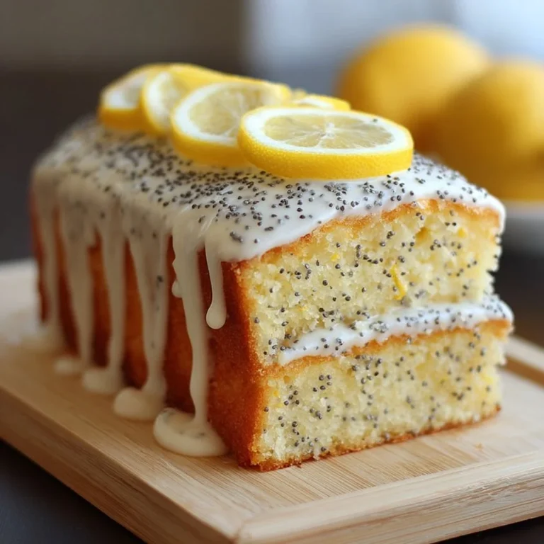 Slice of lemon poppy seed cake with glaze on a plate