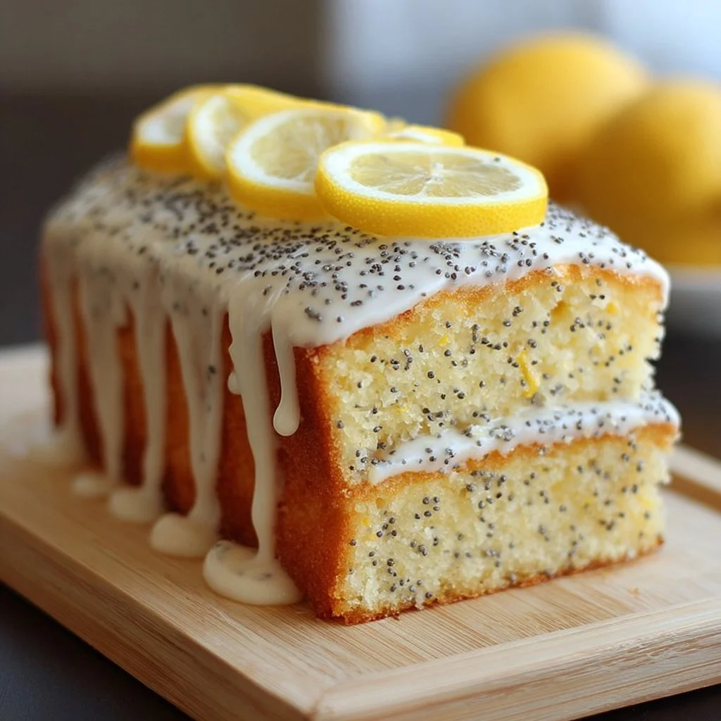 Slice of lemon poppy seed cake with glaze on a plate
