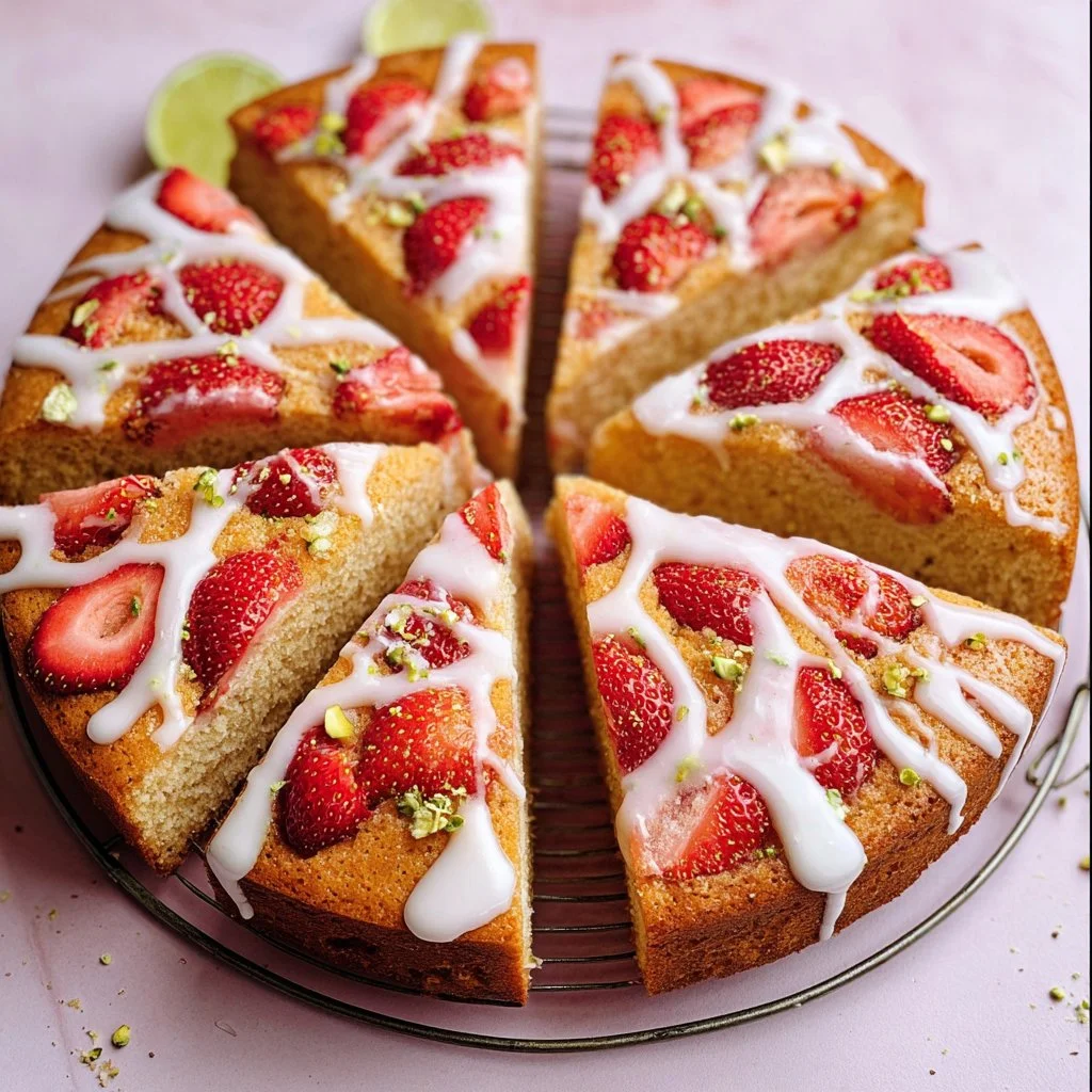 Lime-scented almond cake topped with fresh strawberries and a zesty glaze.