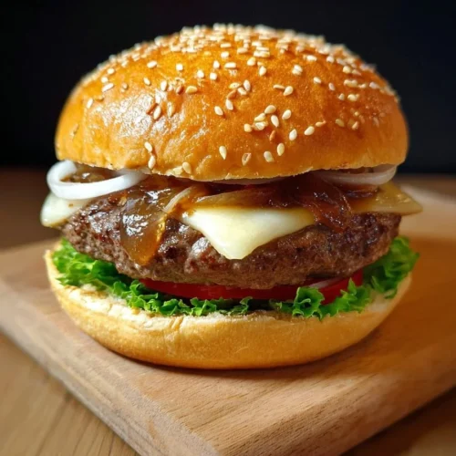 Lipton Onion Soup Burger Recipe Lipton onion soup burger served with fresh toppings and fries.