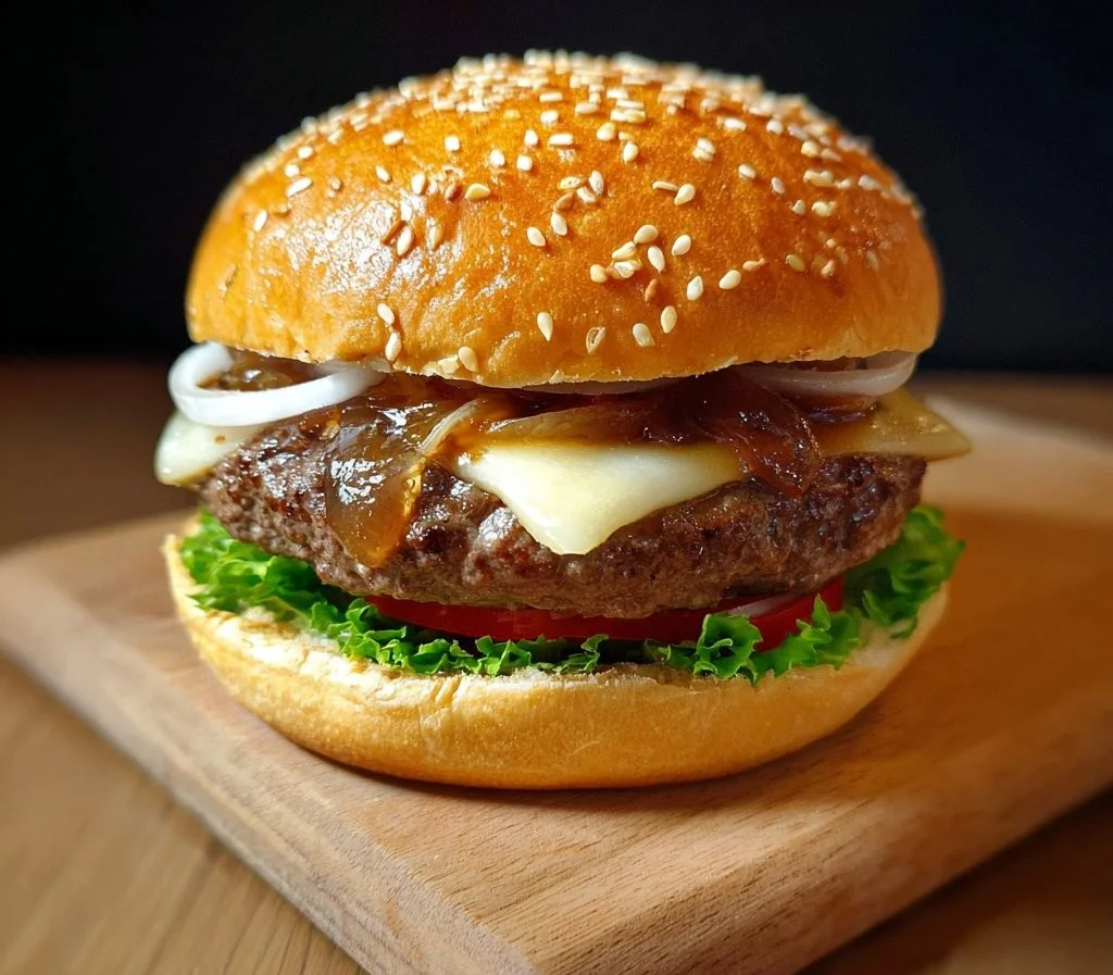 Lipton onion soup burger served with fresh toppings and fries.