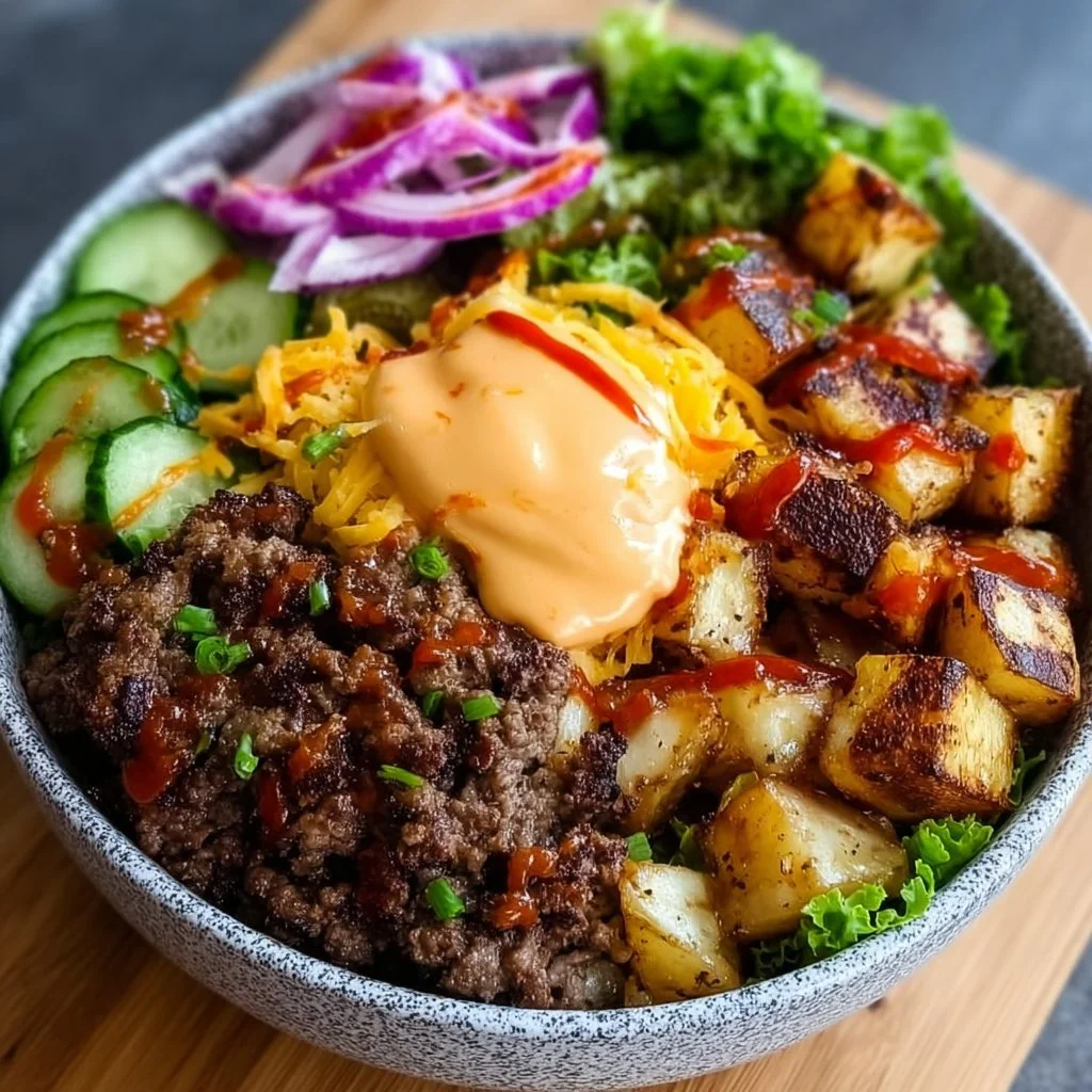 Delicious loaded burger bowls with fresh toppings and ingredients