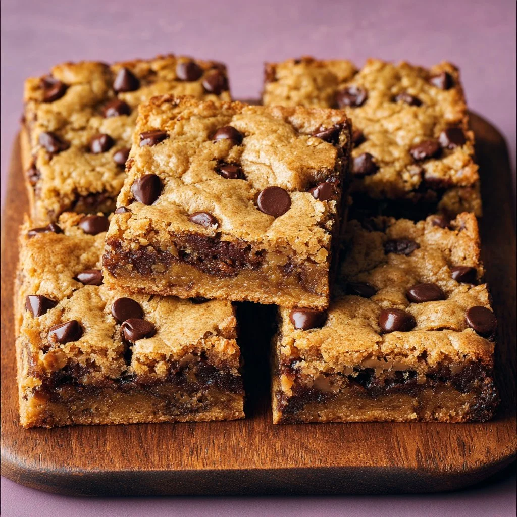 Soft and chewy loaded chocolate chip cookie bars with vegan ingredients