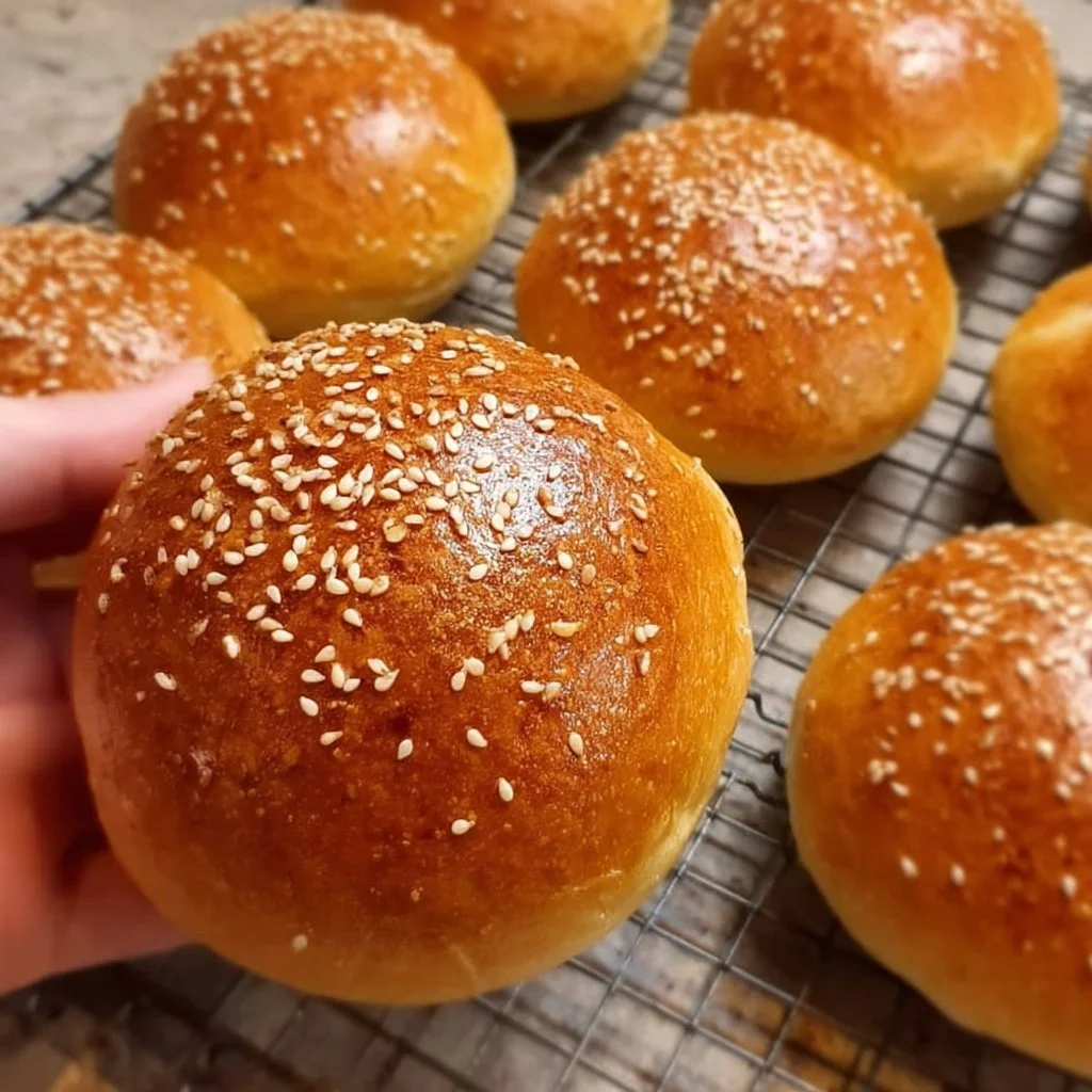 Freshly made brioche burger buns on a wooden table