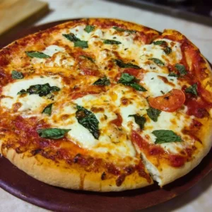 Delicious Margherita Pizza with fresh tomatoes, mozzarella cheese, and basil leaves.