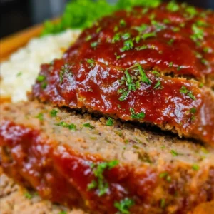 Delicious homemade meatloaf served with mashed potatoes and green beans.