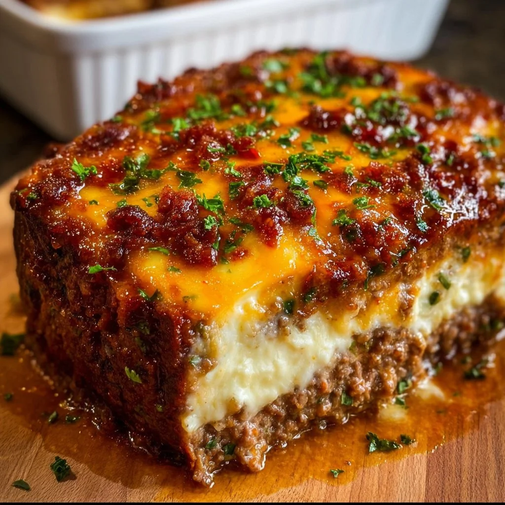 Juicy meatloaf served with creamy mashed potatoes and gooey cheese.