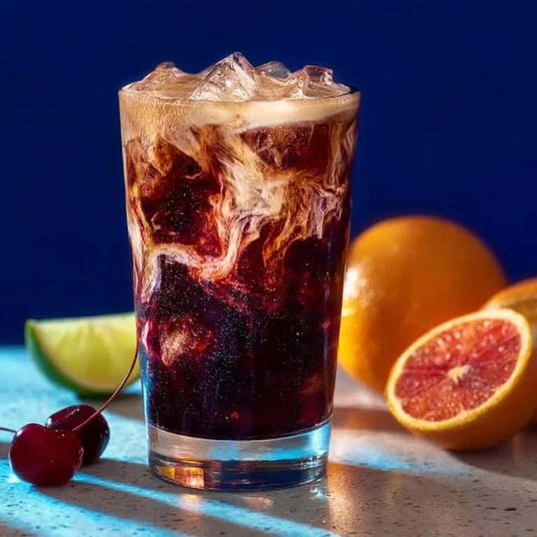 A refreshing glass of Midnight Malibu Dirty Soda with vibrant colors and ice.