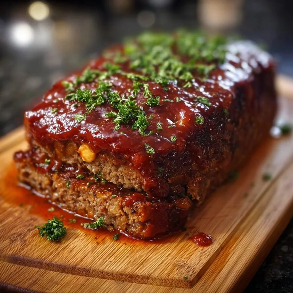 Delicious Million Dollar Meatloaf served with mashed potatoes and green beans